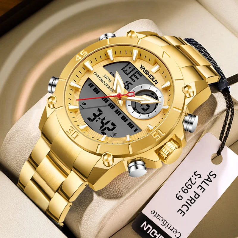 Men's Watches With Dual Movement Electronic Steel Band Luminous Waterproof Watche Sports Dual Display Military LED Digital Watch