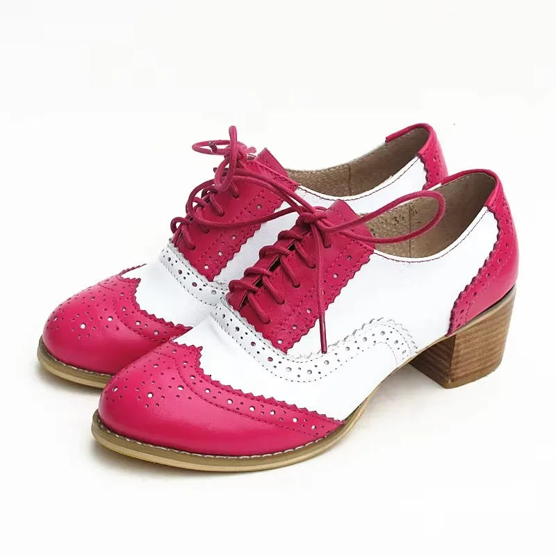 Oxford Pumps Shoes Women Vintage Calfskin Leather Patchwork 5cm Lady Thick Heels Retro Vintage Round Toe Shoes For Women Shoes
