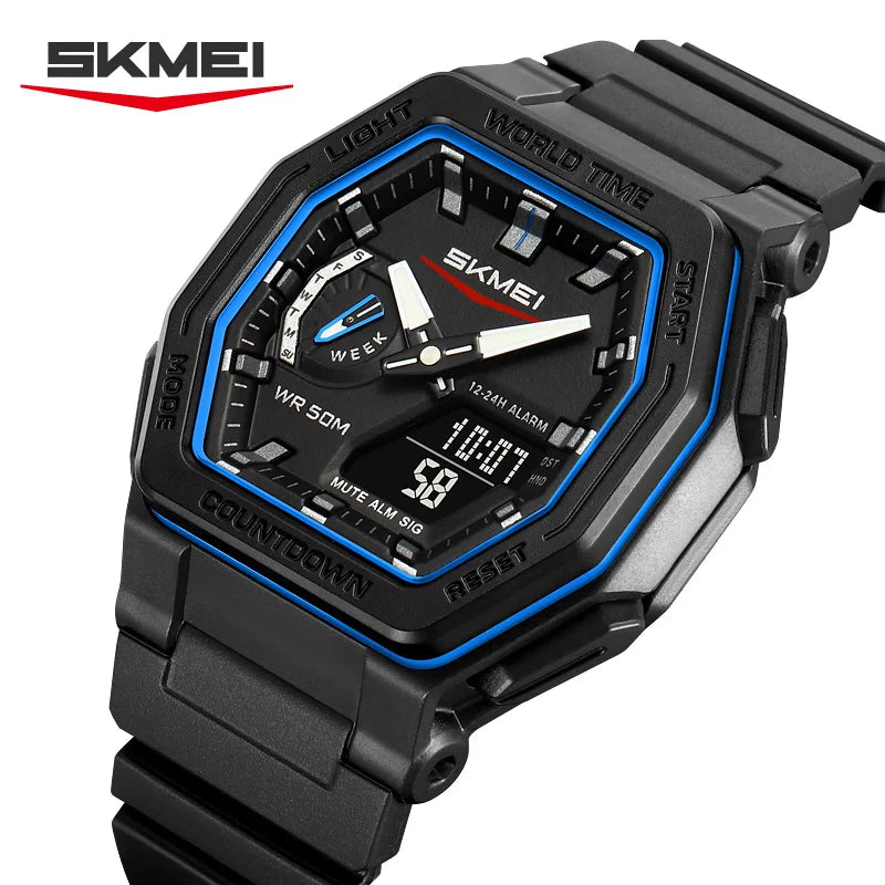 SKMEI 2438 LED Casual Dual Digital Display Quartz Waterproof Mens Wristwatches Calendar Timing Alarm Watch for Men Clock