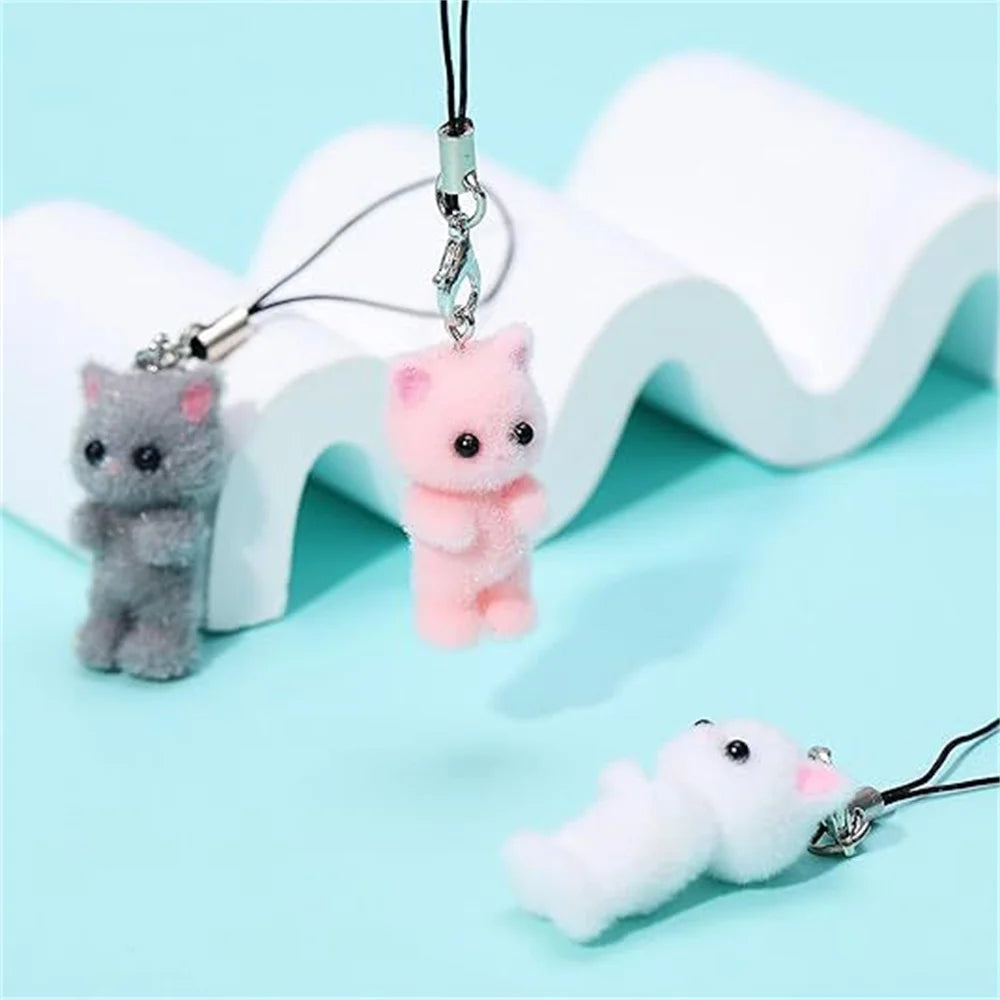 4pcs/set Cute Flocking Cat Mobile Phones Chain Animals Phone Strap Holders Lanyard For Phone Accessories Anti-Lost Chain ﻿