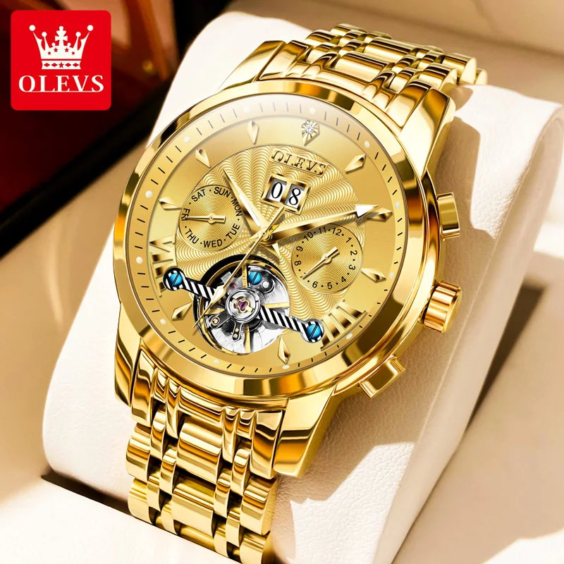 OLEVS Luxury Brand Automatic Mechanical Watch for Men Multifunctional Date Luminous Waterproof Stainless steel Skeleton Flywheel
