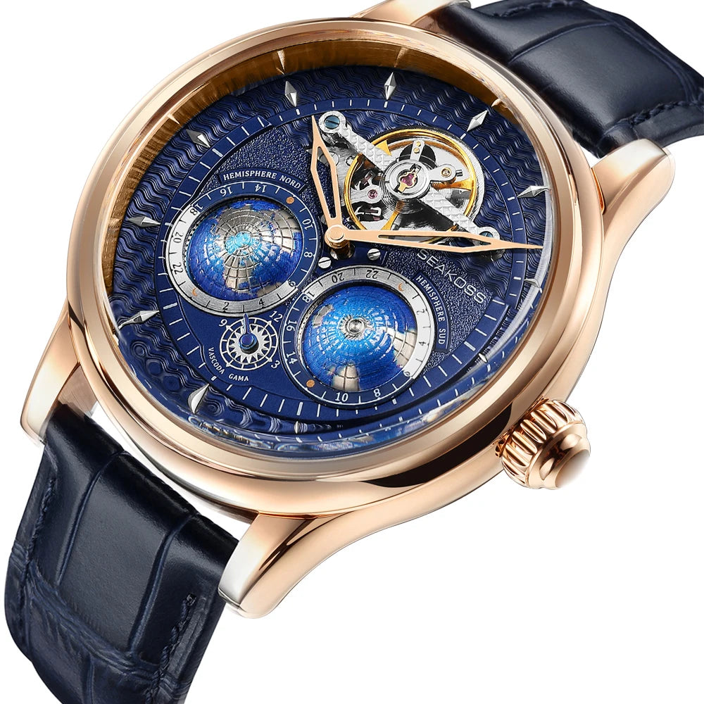  SEAKOSS 47mm Men Automatic Mechanical Watches Double Earth World Time Sapphire Glass 3D Rotate North South Earth Wristwatches