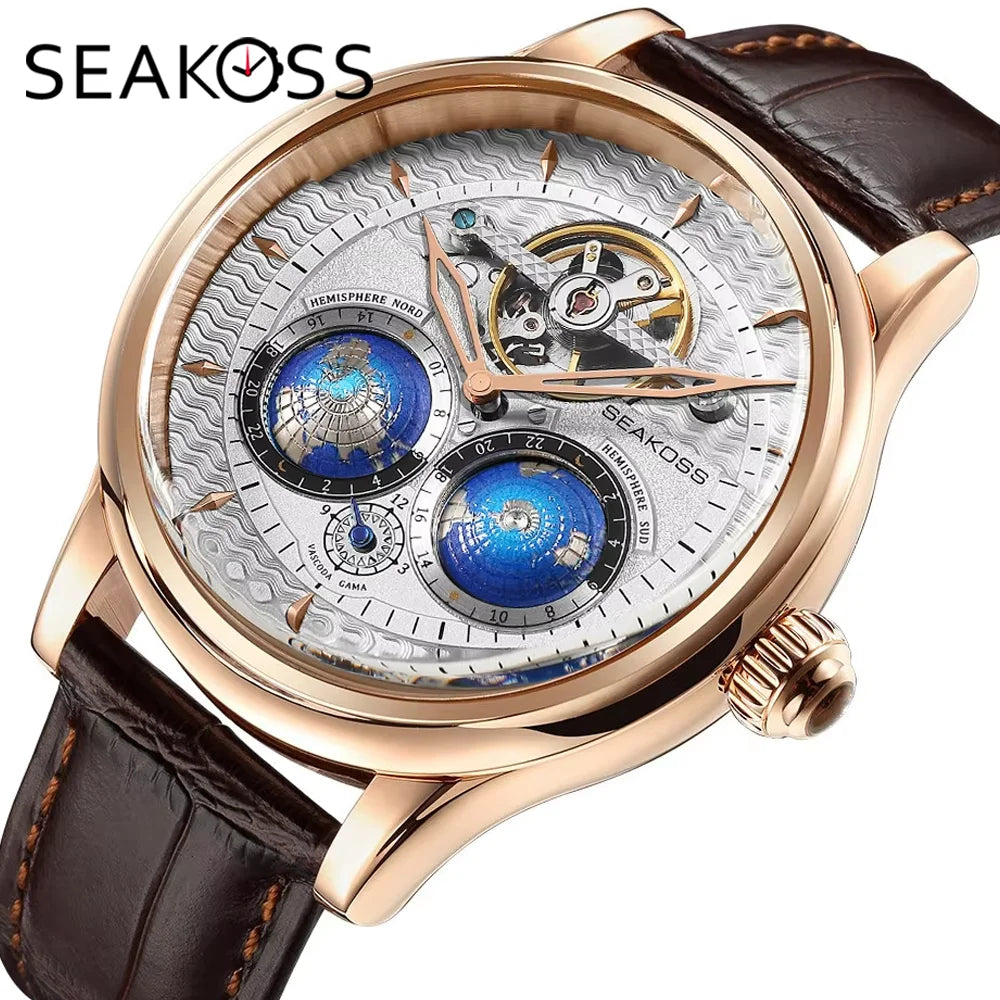 SEAKOSS 47mm Men Automatic Mechanical Watches Double Earth World Time Sapphire Glass 3D Rotate North South Earth Wristwatches