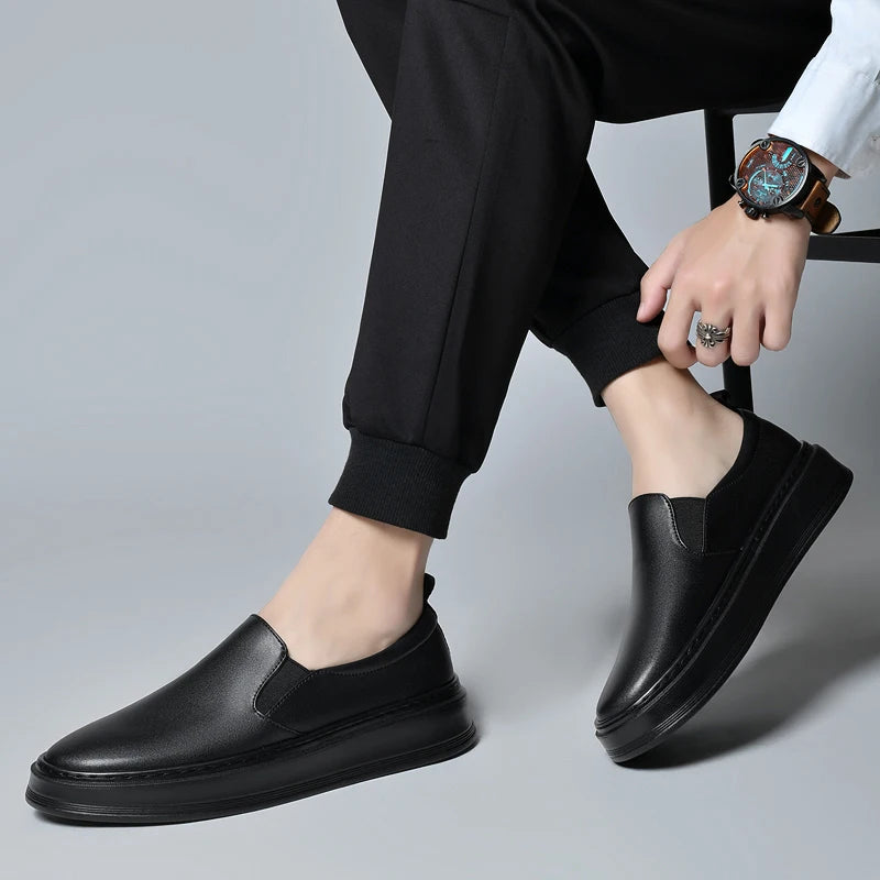 Genuine Leather Loafers for Men Stylish Casual Dress Shoes with Thick Height Increasing Sole Slip-On Breathable Business Shoes