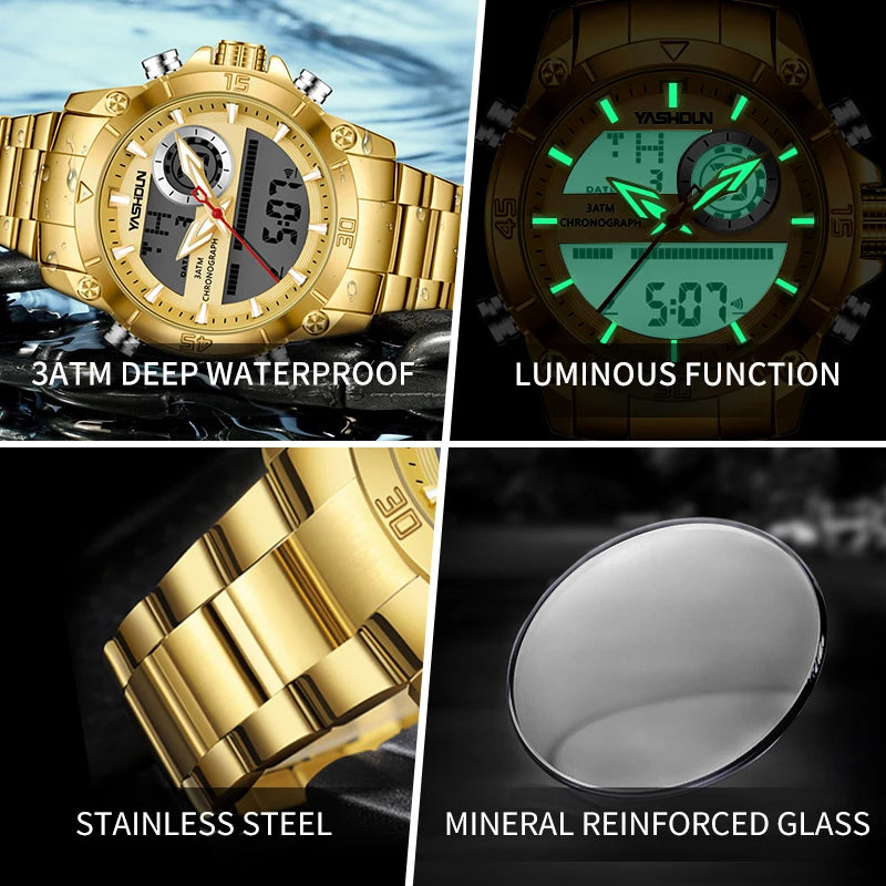 Men's Watches With Dual Movement Electronic Steel Band Luminous Waterproof Watche Sports Dual Display Military LED Digital Watch