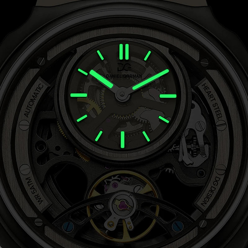 Daniel Gorman Men Automatic Mechanical Watch 5ATM Waterproof Skeleton Hollow Dial Silicone Strap Sports Wristwatch
