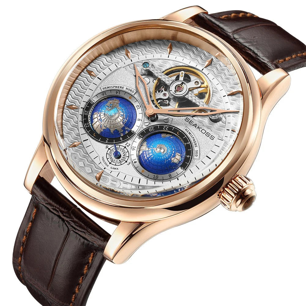  SEAKOSS 47mm Men Automatic Mechanical Watches Double Earth World Time Sapphire Glass 3D Rotate North South Earth Wristwatches