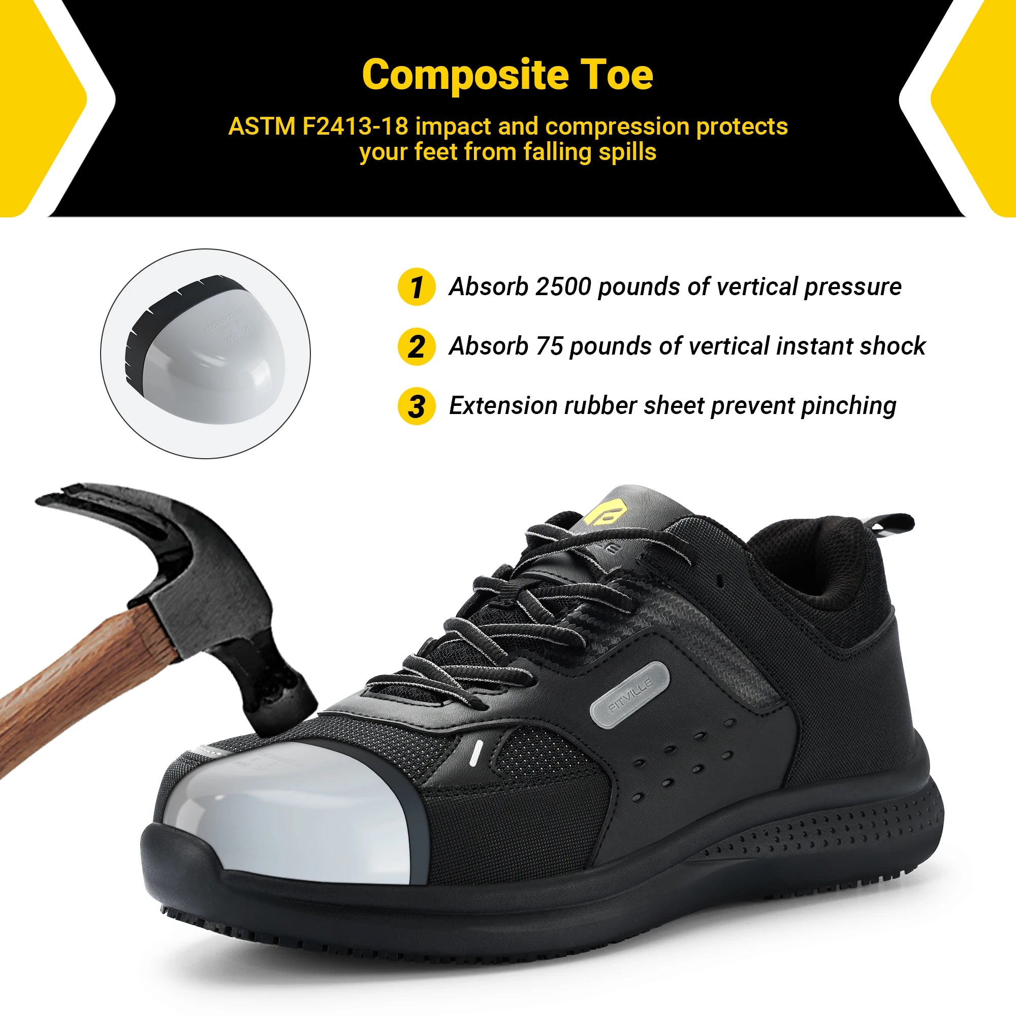 Fittington Men's Steel Toe Shoes Composite Wide Toe Casual Work Shoes Water Resistant Slip Resistant Leather Footwear Protective