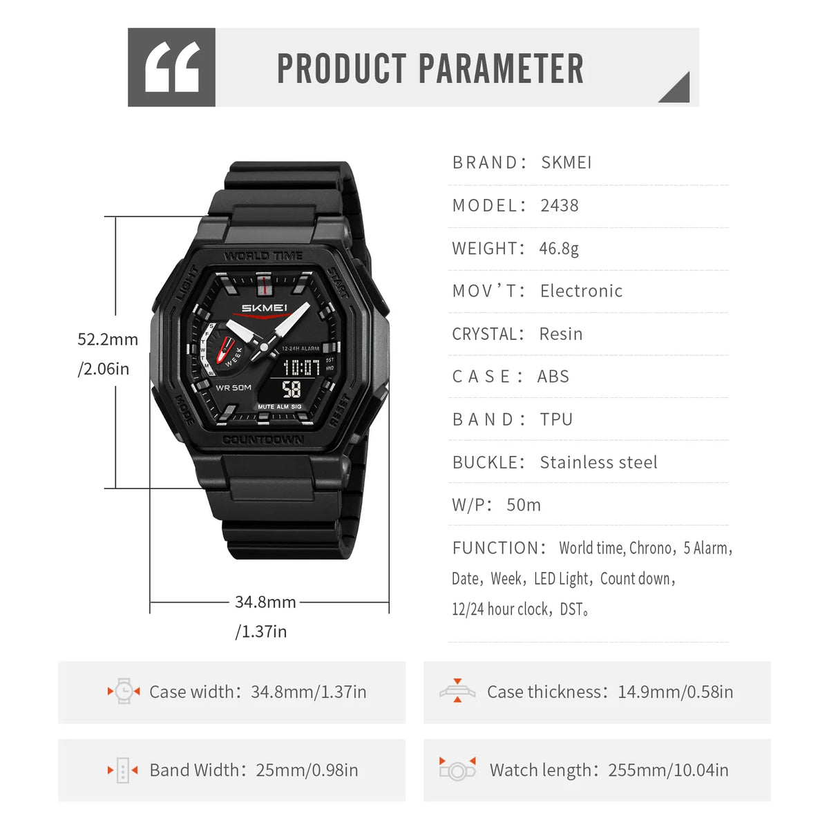 SKMEI 2438 LED Casual Dual Digital Display Quartz Waterproof Mens Wristwatches Calendar Timing Alarm Watch for Men Clock