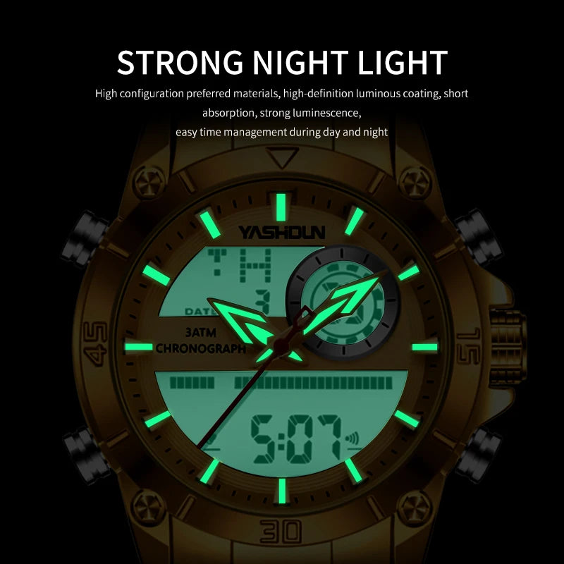 Men's Watches With Dual Movement Electronic Steel Band Luminous Waterproof Watche Sports Dual Display Military LED Digital Watch