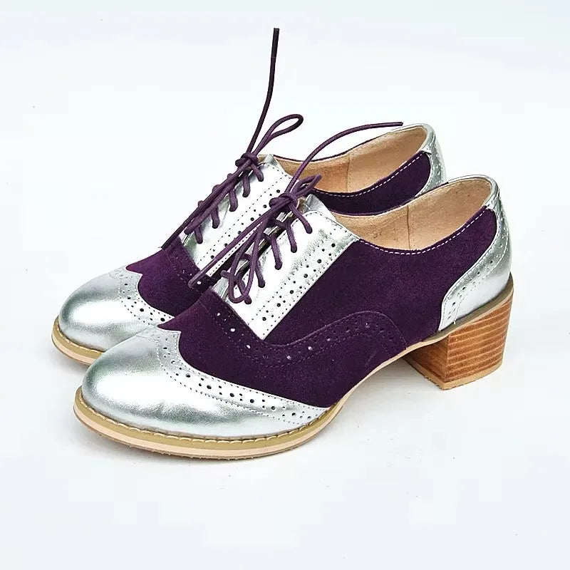 Oxford Pumps Shoes Women Vintage Calfskin Leather Patchwork 5cm Lady Thick Heels Retro Vintage Round Toe Shoes For Women Shoes