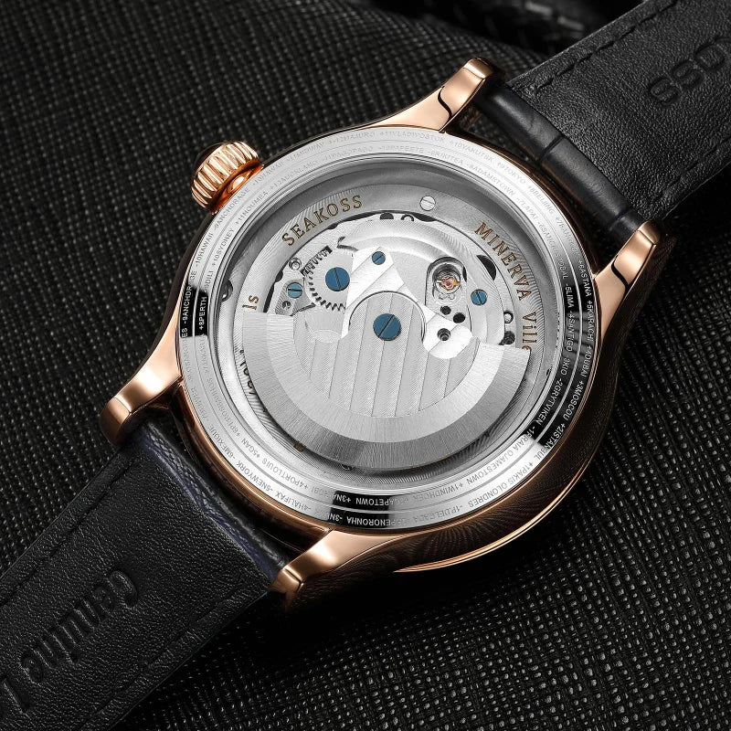  SEAKOSS 47mm Men Automatic Mechanical Watches Double Earth World Time Sapphire Glass 3D Rotate North South Earth Wristwatches
