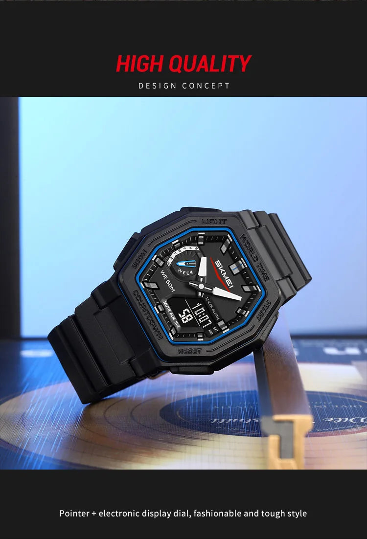 SKMEI 2438 LED Casual Dual Digital Display Quartz Waterproof Mens Wristwatches Calendar Timing Alarm Watch for Men Clock