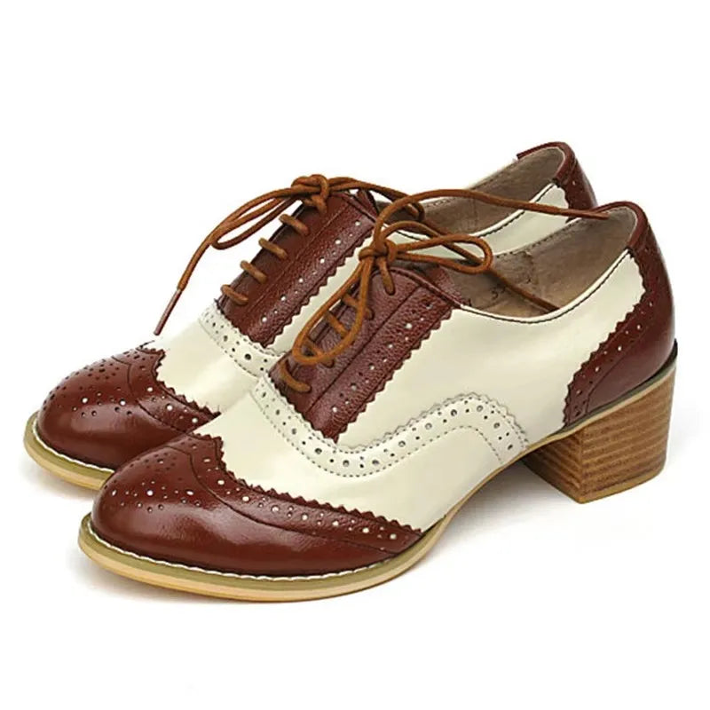 Oxford Pumps Shoes Women Vintage Calfskin Leather Patchwork 5cm Lady Thick Heels Retro Vintage Round Toe Shoes For Women Shoes