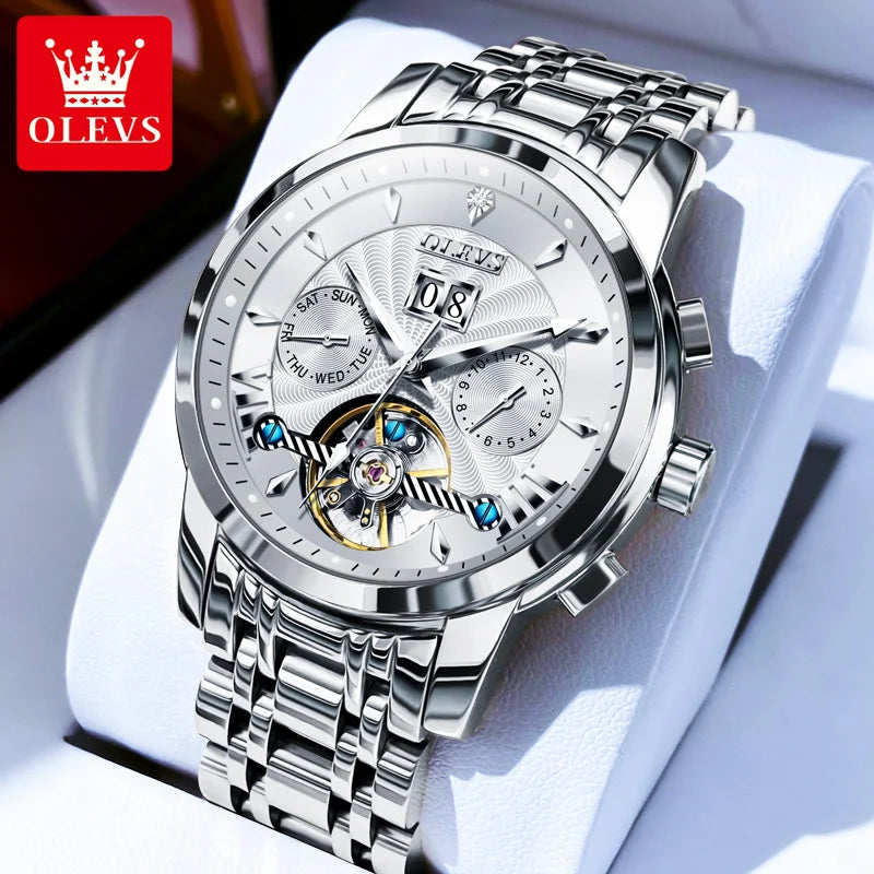 OLEVS Luxury Brand Automatic Mechanical Watch for Men Multifunctional Date Luminous Waterproof Stainless steel Skeleton Flywheel