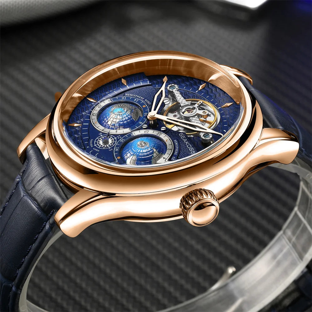  SEAKOSS 47mm Men Automatic Mechanical Watches Double Earth World Time Sapphire Glass 3D Rotate North South Earth Wristwatches