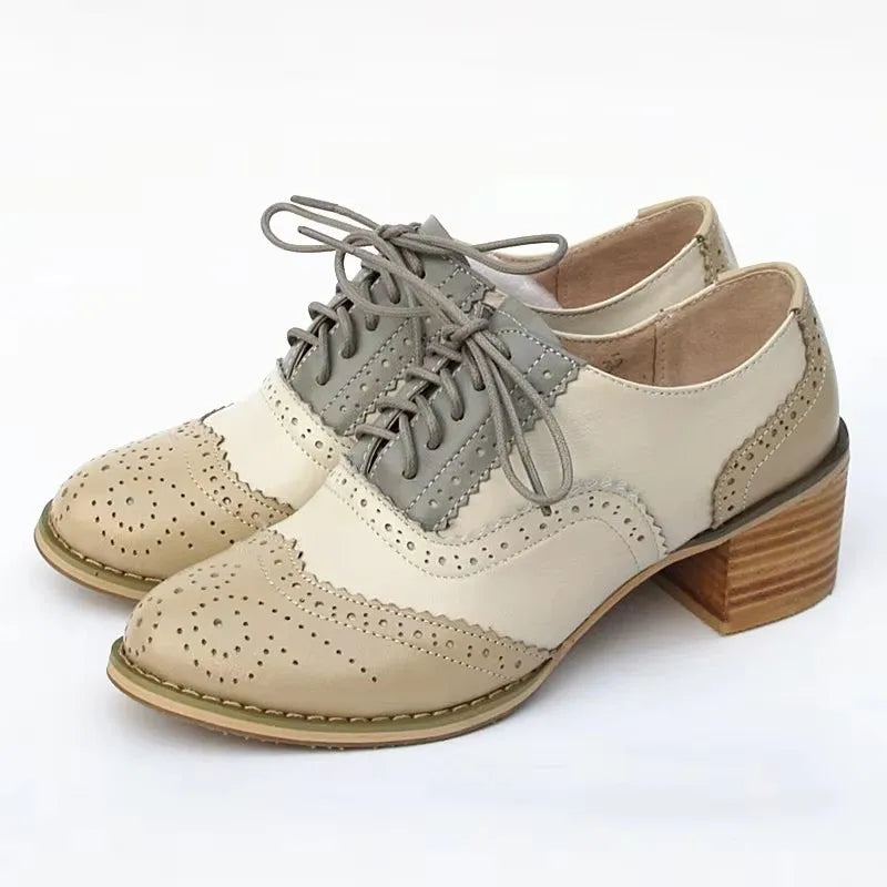 Oxford Pumps Shoes Women Vintage Calfskin Leather Patchwork 5cm Lady Thick Heels Retro Vintage Round Toe Shoes For Women Shoes