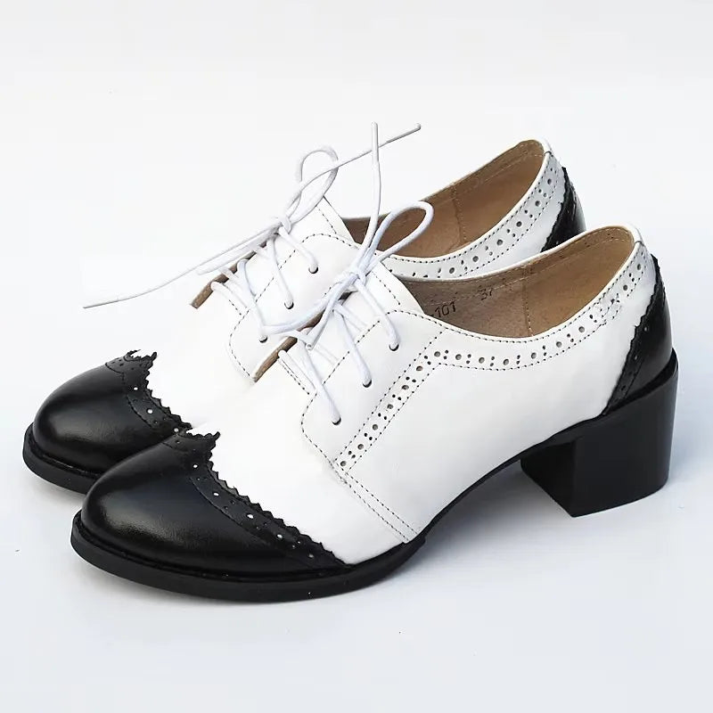 Oxford Pumps Shoes Women Vintage Calfskin Leather Patchwork 5cm Lady Thick Heels Retro Vintage Round Toe Shoes For Women Shoes