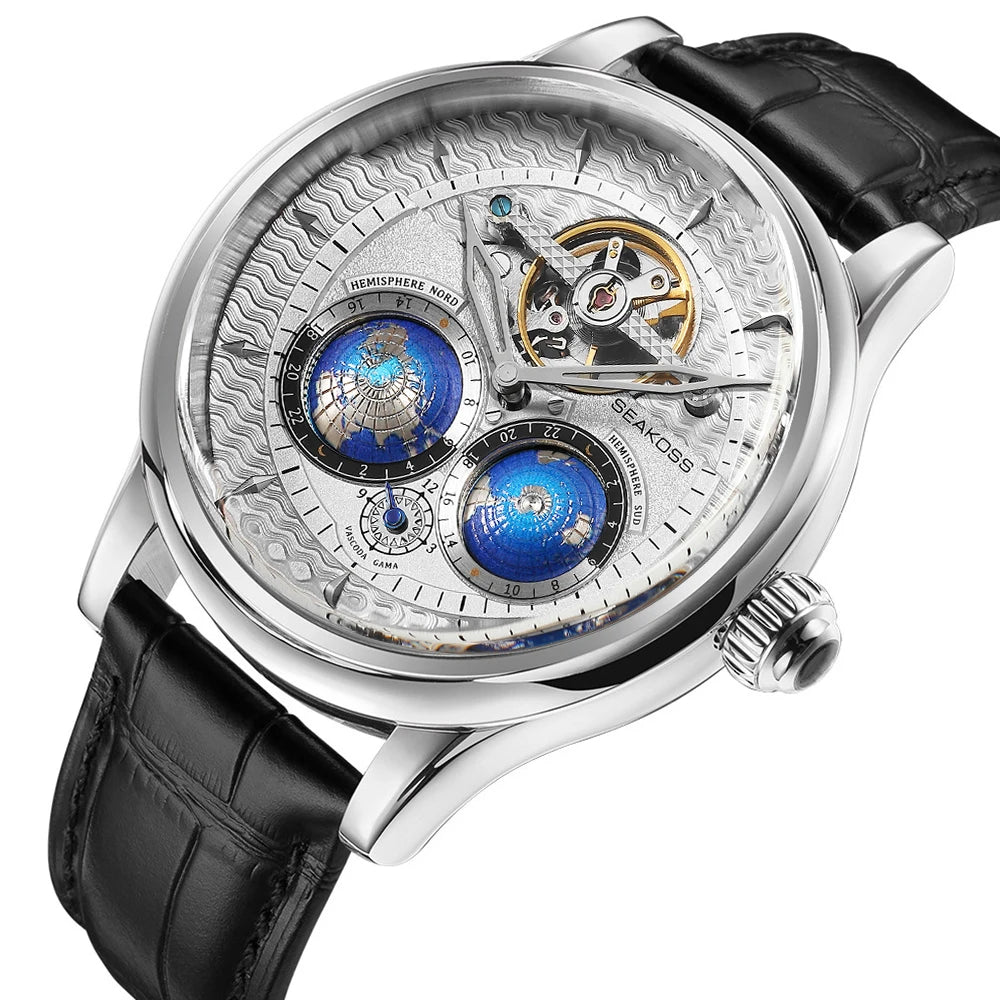  SEAKOSS 47mm Men Automatic Mechanical Watches Double Earth World Time Sapphire Glass 3D Rotate North South Earth Wristwatches