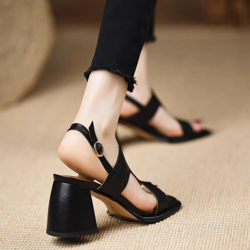Women High Heels Sandals,Soft Summer Gladiator Shoes,Square Open Toe,Retro Style,Slip On,Black,Brown,35-39.Dropship