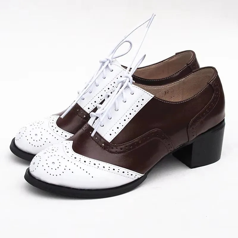 Oxford Pumps Shoes Women Vintage Calfskin Leather Patchwork 5cm Lady Thick Heels Retro Vintage Round Toe Shoes For Women Shoes