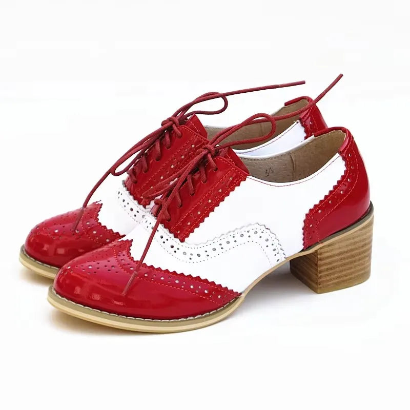 Oxford Pumps Shoes Women Vintage Calfskin Leather Patchwork 5cm Lady Thick Heels Retro Vintage Round Toe Shoes For Women Shoes