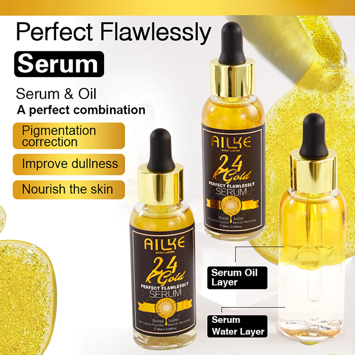 AILKE 24K Glod Flawlessly Skin Care Range, Skin Whitener, Reduce Dark Spots, Melanin, Wrinkles, Moisturize, For Women & Men