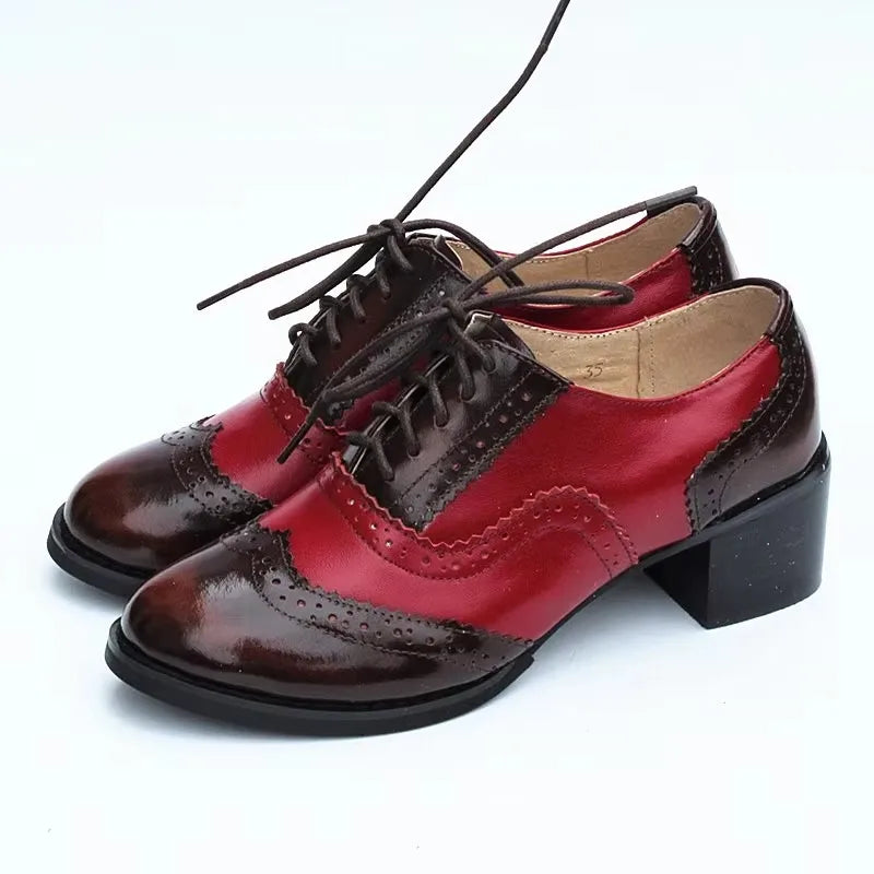 Oxford Pumps Shoes Women Vintage Calfskin Leather Patchwork 5cm Lady Thick Heels Retro Vintage Round Toe Shoes For Women Shoes