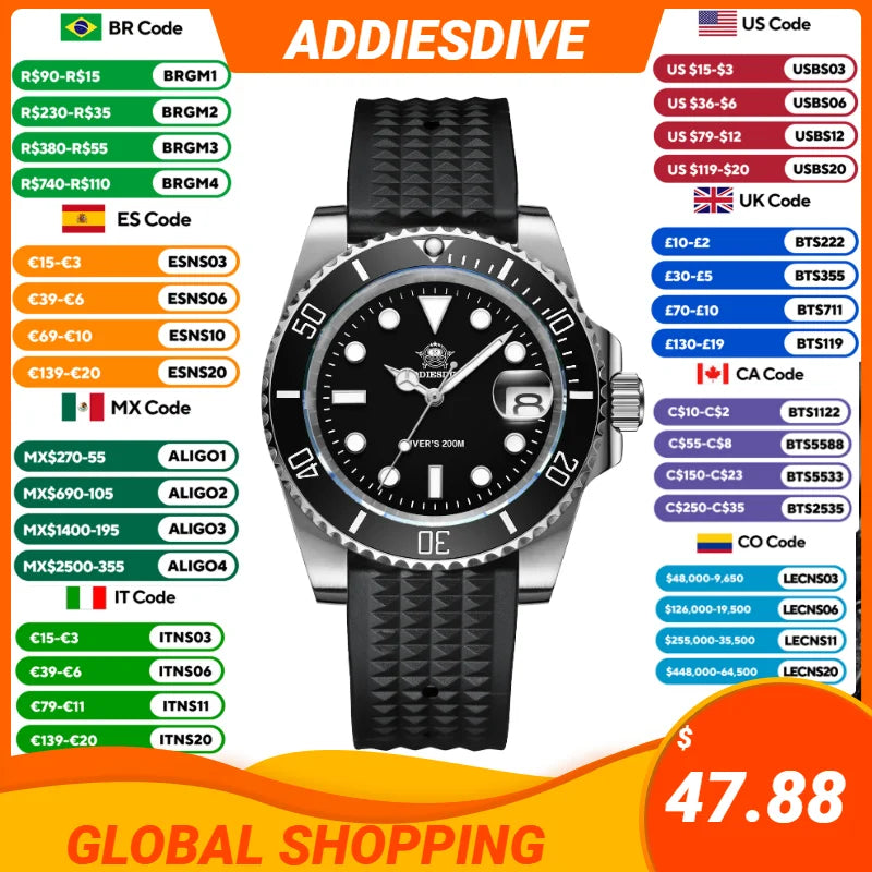 ADDIESDIVE Luxury Stainless Steel Quartz Watch For Men 20ATM Waterproof Date Clock Ceramic Bezel Sport Watches Relogio Masculino