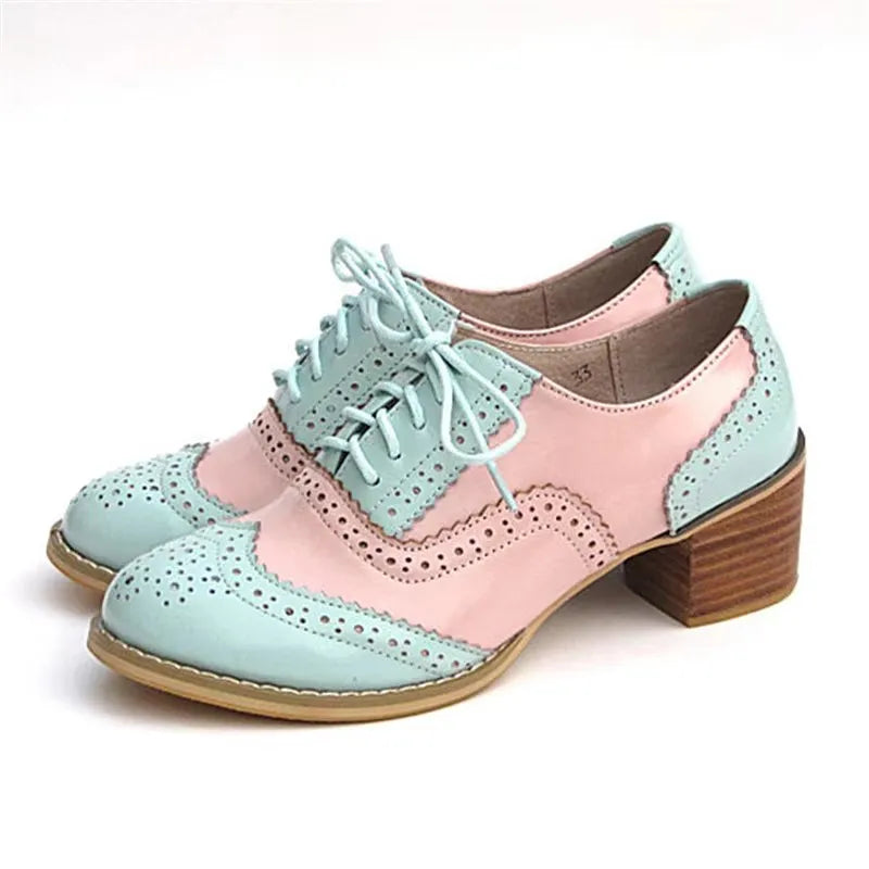 Oxford Pumps Shoes Women Vintage Calfskin Leather Patchwork 5cm Lady Thick Heels Retro Vintage Round Toe Shoes For Women Shoes