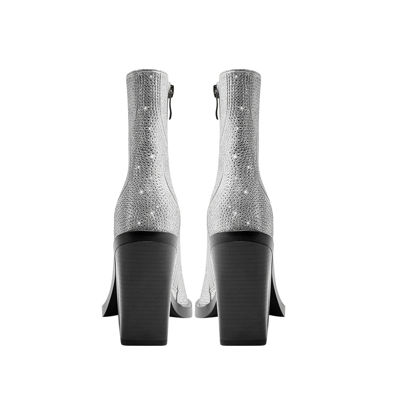 Kaky's New Pointed Rhinestone Thick High Heels Large Women's Boots Short Boots Western Boots