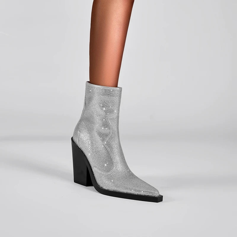 Kaky's New Pointed Rhinestone Thick High Heels Large Women's Boots Short Boots Western Boots