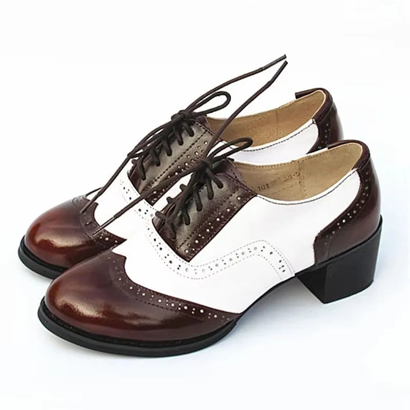 Oxford Pumps Shoes Women Vintage Calfskin Leather Patchwork 5cm Lady Thick Heels Retro Vintage Round Toe Shoes For Women Shoes