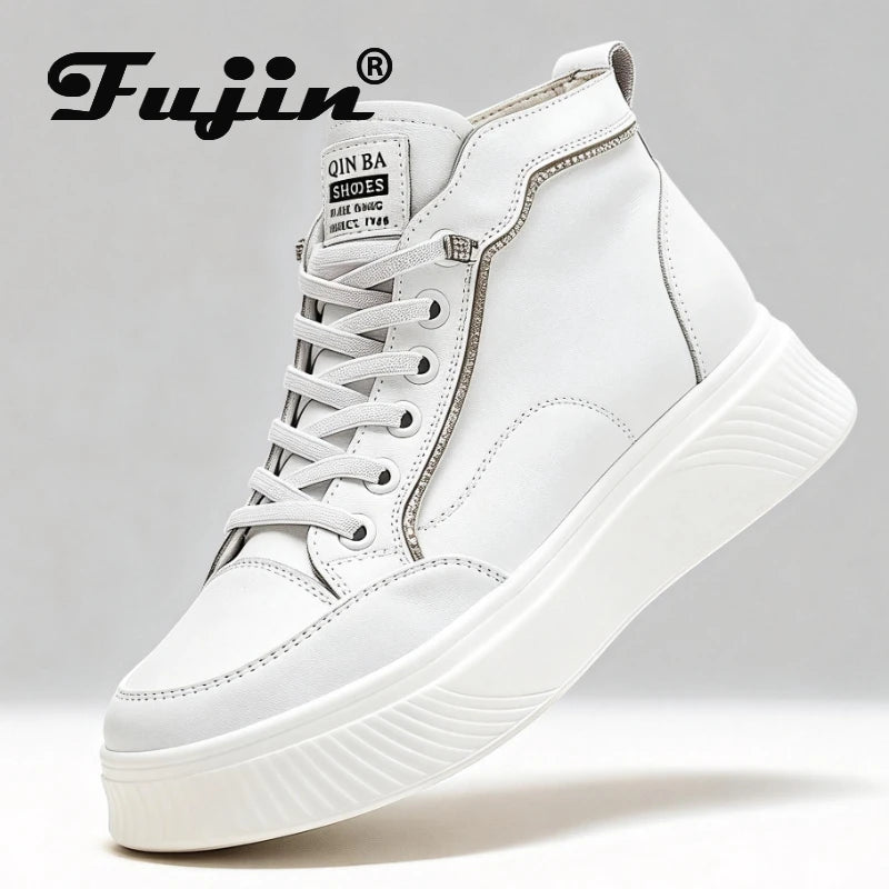 Fujin 5.5cm Genuine Leather Women Ankle Boots Platform Shoes High Top Sneakers White Spring Autumn Warm Fur Women Winter Shoes