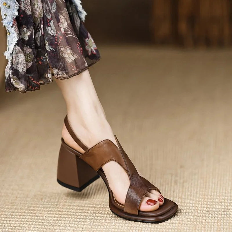 Women High Heels Sandals,Soft Summer Gladiator Shoes,Square Open Toe,Retro Style,Slip On,Black,Brown,35-39.Dropship