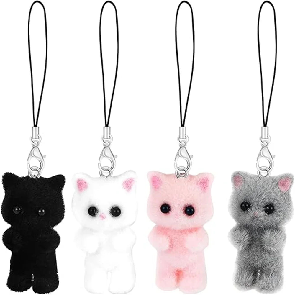 4pcs/set Cute Flocking Cat Mobile Phones Chain Animals Phone Strap Holders Lanyard For Phone Accessories Anti-Lost Chain ﻿