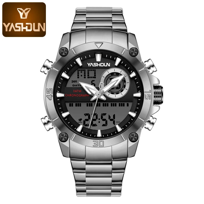 Men's Watches With Dual Movement Electronic Steel Band Luminous Waterproof Watche Sports Dual Display Military LED Digital Watch