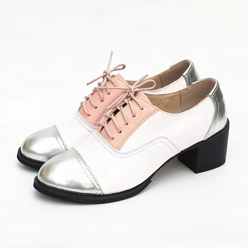 Oxford Pumps Shoes Women Vintage Calfskin Leather Patchwork 5cm Lady Thick Heels Retro Vintage Round Toe Shoes For Women Shoes