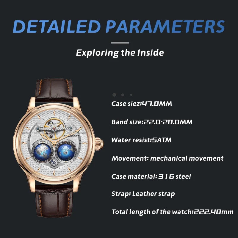  SEAKOSS 47mm Men Automatic Mechanical Watches Double Earth World Time Sapphire Glass 3D Rotate North South Earth Wristwatches