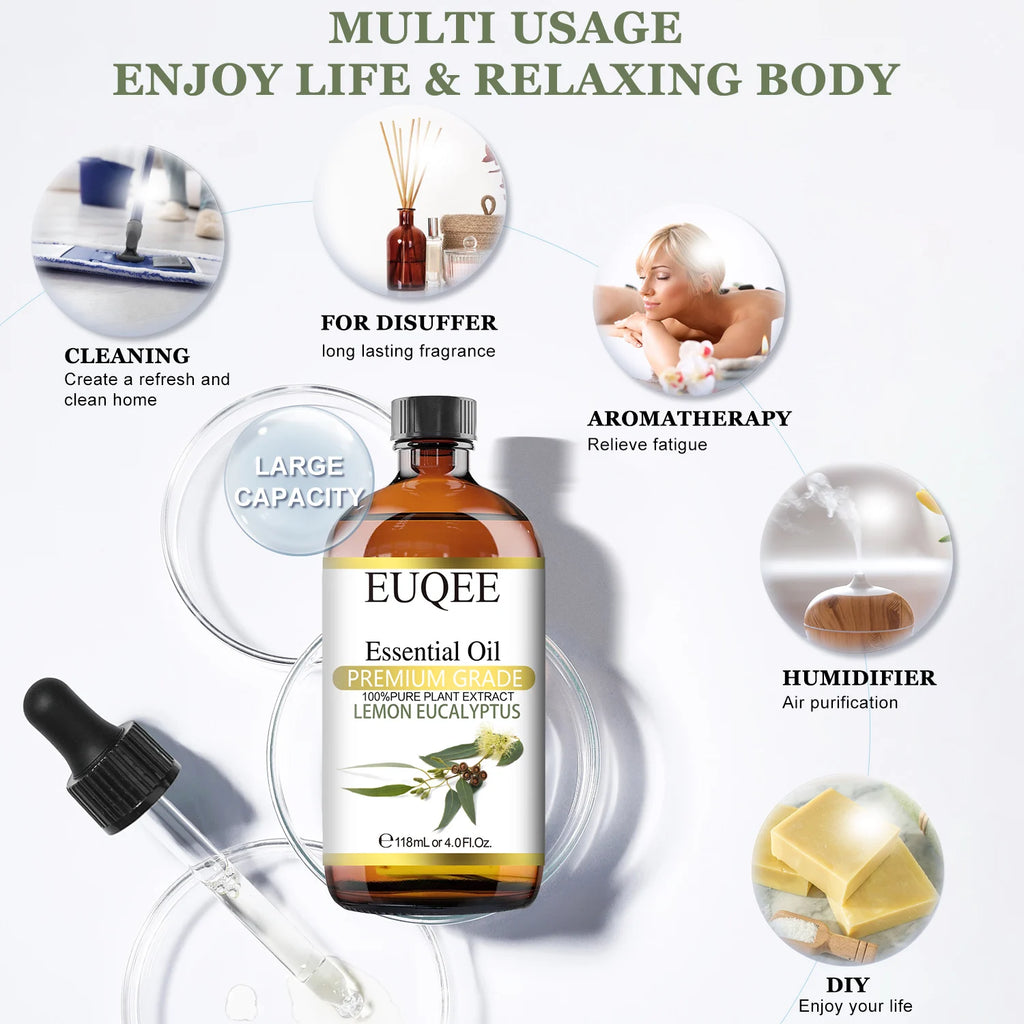EUQEE 118ML Natural Essential Oil For Humidifier Diffuser Lemon Eucalyptus Helichrysum Copaiba Grapefruit Cedarwood Aroma Oils