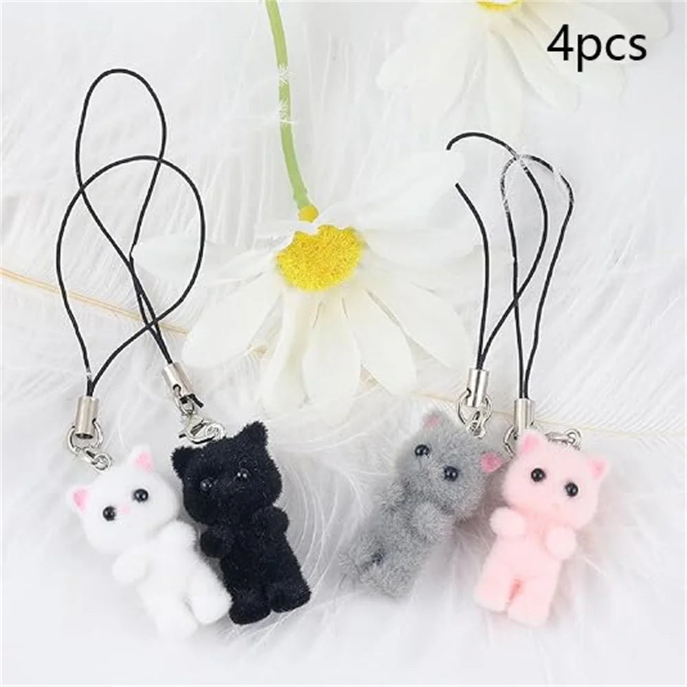 4pcs/set Cute Flocking Cat Mobile Phones Chain Animals Phone Strap Holders Lanyard For Phone Accessories Anti-Lost Chain ﻿
