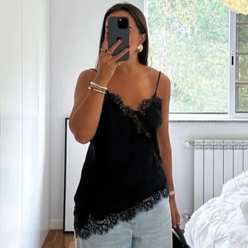 HXAO Asymmetrical Slip Top Women Summer 2025 Y2K Tanks & Camis Lace Black Off Shoulder Top Elegant Sleeveless Backless Camisole