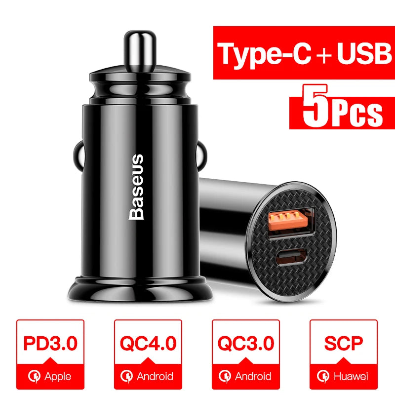 Baseus 5pcs USB Car Charger Quick Charge QC4.0 QC3.0 PD3.0 SCP PPS 5A Type C 30W Fast USB Charger For iPhone Xiaomi Mobile Phone