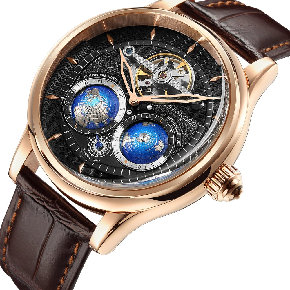  SEAKOSS 47mm Men Automatic Mechanical Watches Double Earth World Time Sapphire Glass 3D Rotate North South Earth Wristwatches