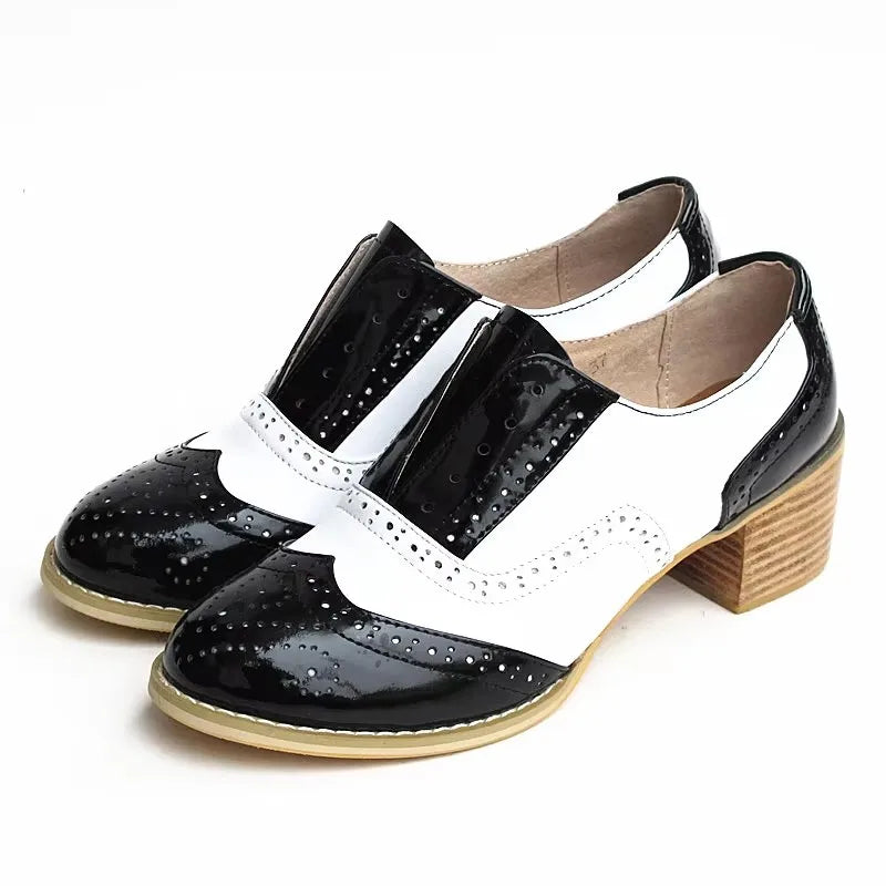 Oxford Pumps Shoes Women Vintage Calfskin Leather Patchwork 5cm Lady Thick Heels Retro Vintage Round Toe Shoes For Women Shoes