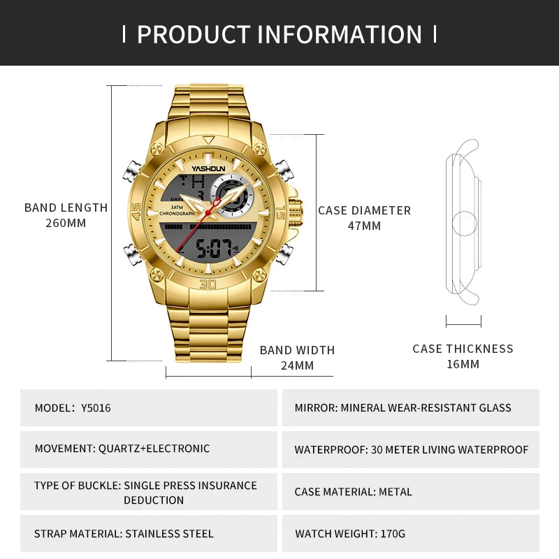 Men's Watches With Dual Movement Electronic Steel Band Luminous Waterproof Watche Sports Dual Display Military LED Digital Watch