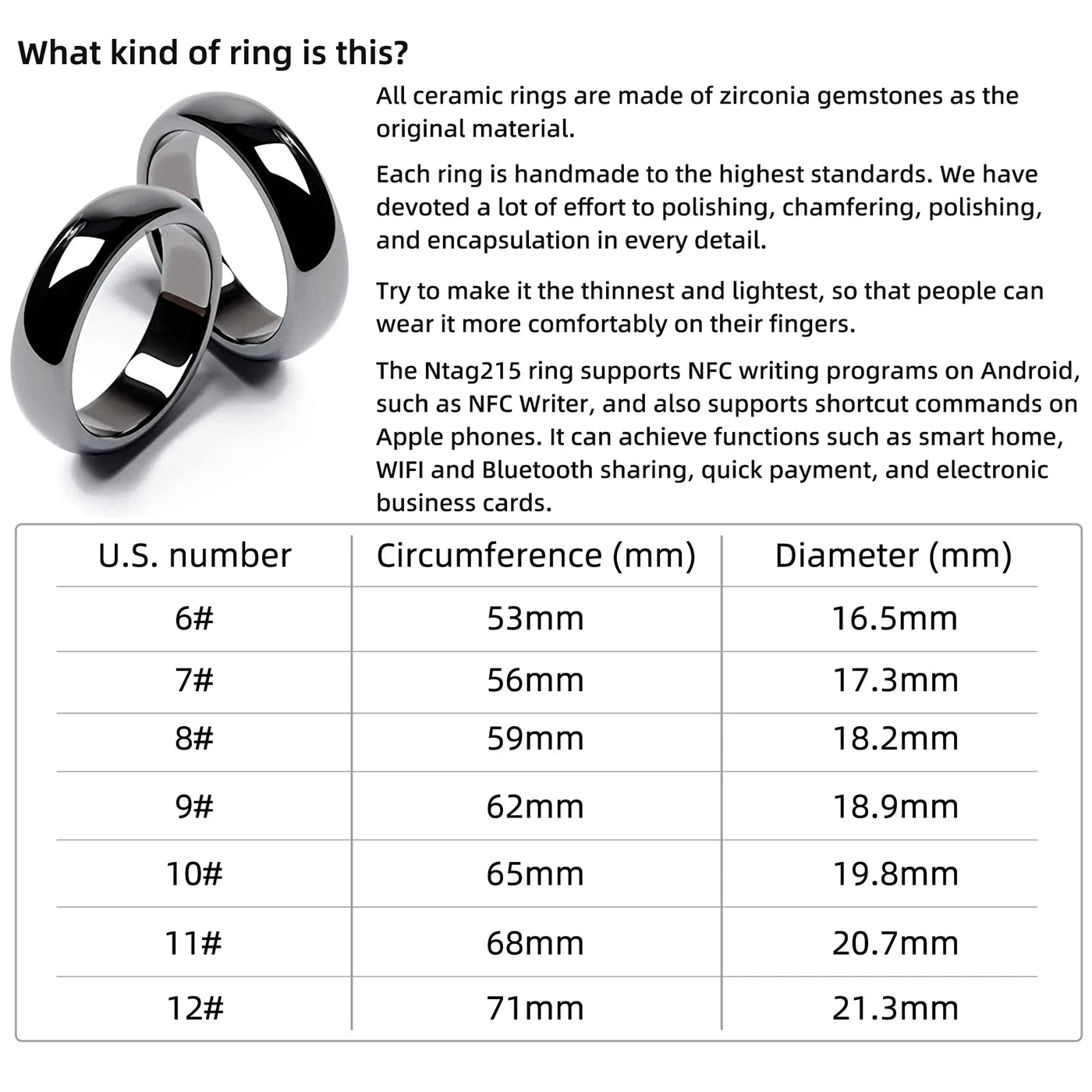 Ntag215 NFC Full Ceramic Smart Ring Compatible with NFC Enabled Phones and Devices Programmable 504 Bytes for Bussiness Tags