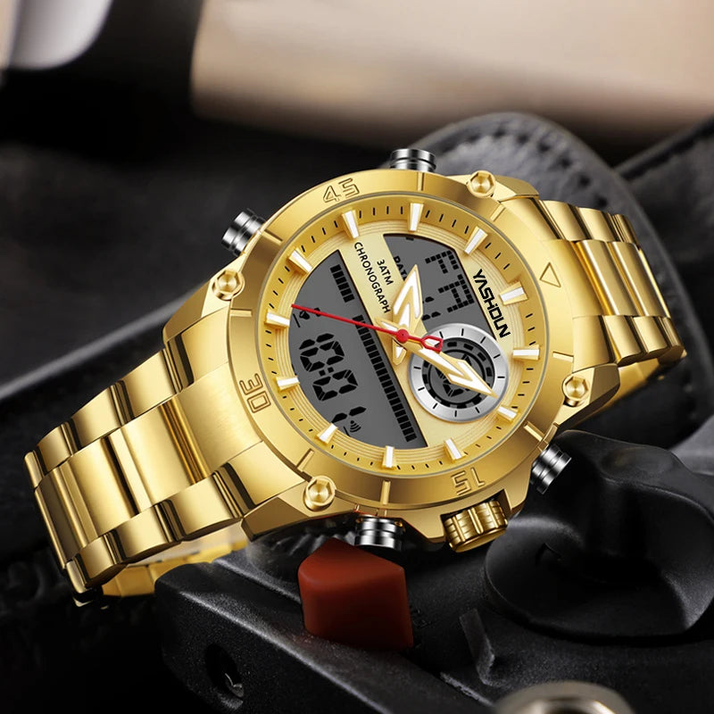 Men's Watches With Dual Movement Electronic Steel Band Luminous Waterproof Watche Sports Dual Display Military LED Digital Watch
