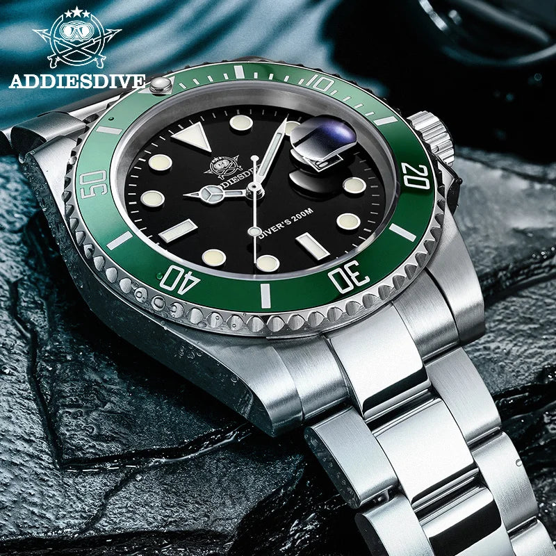ADDIESDIVE Luxury Stainless Steel Quartz Watch For Men 20ATM Waterproof Date Clock Ceramic Bezel Sport Watches Relogio Masculino