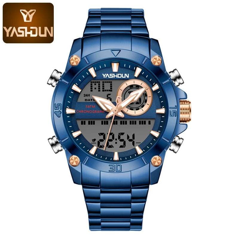 Men's Watches With Dual Movement Electronic Steel Band Luminous Waterproof Watche Sports Dual Display Military LED Digital Watch